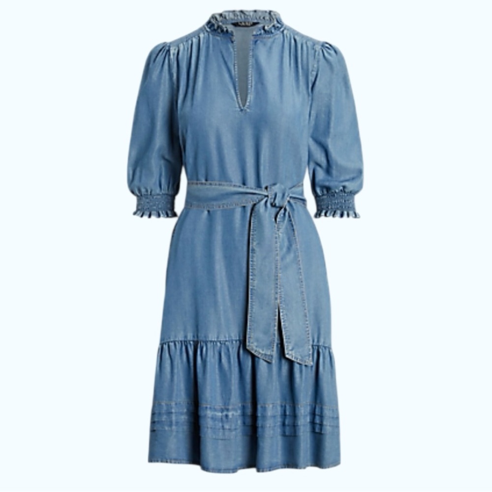 Ralph Lauren Light Blue Ruffled Midi Dress with Puff Sleeves